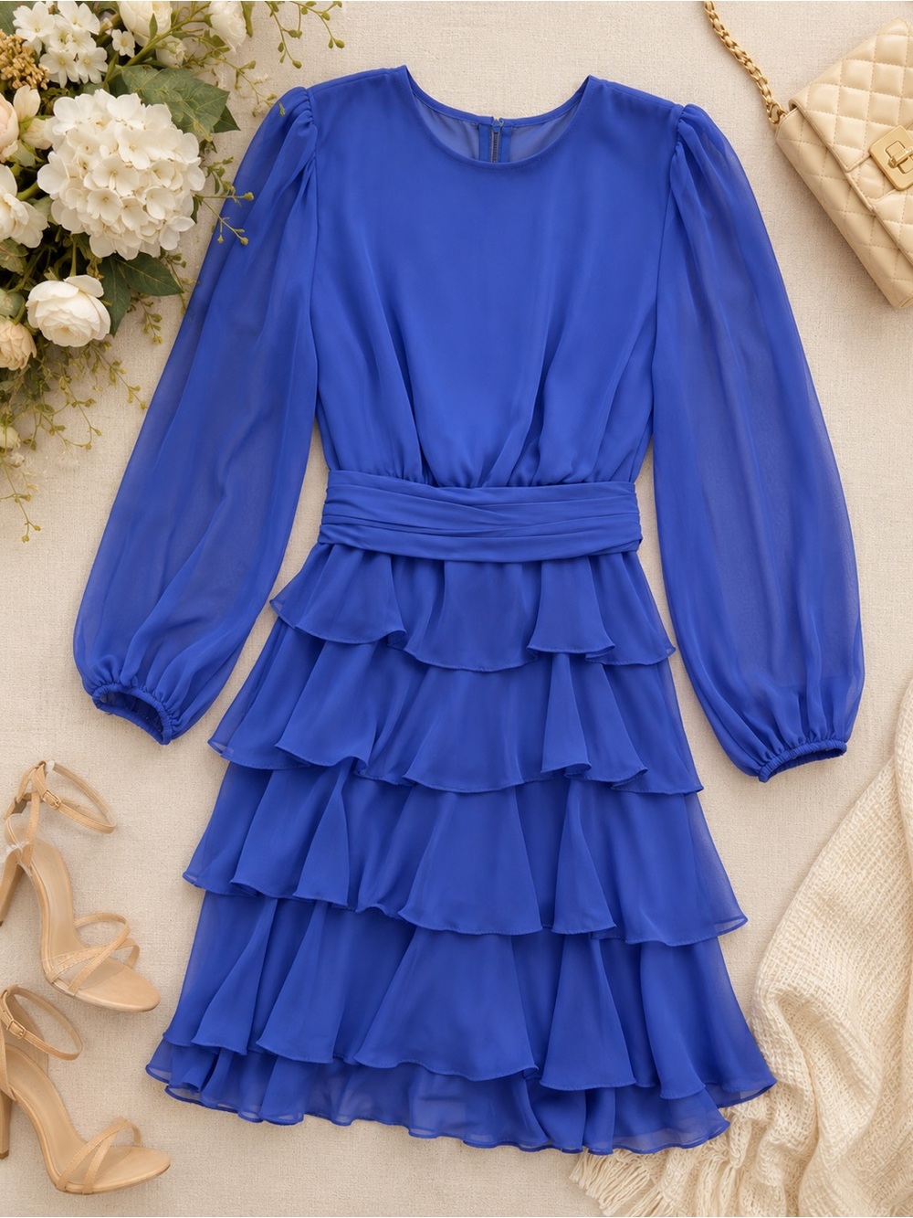 Vintage Miss Elliette Periwinkle Blue Tiered Chiffon Dress Size 6 USA Made Midi